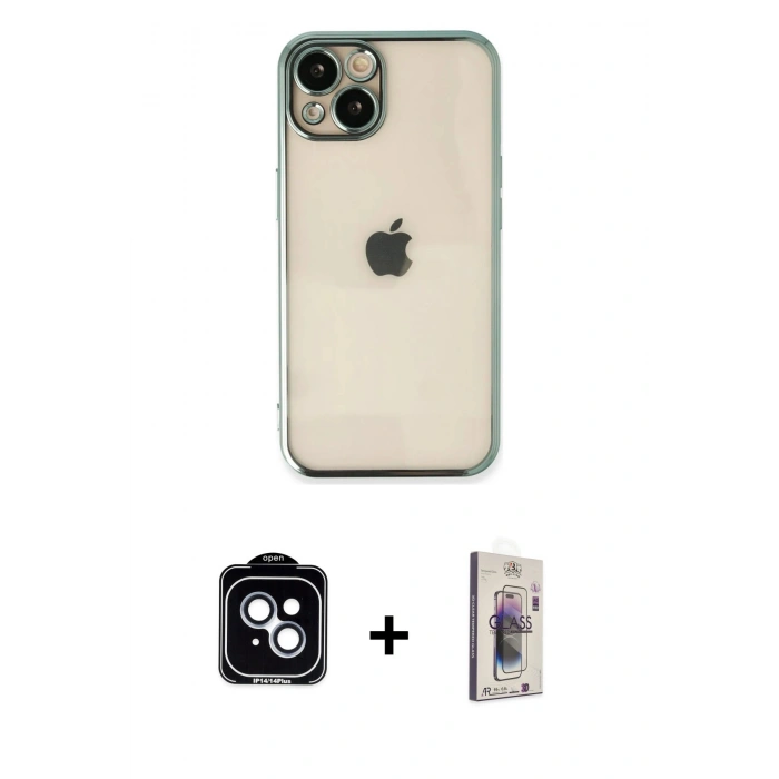 MARSİLYAN™- iPhone 14 Kılıf Vadi Minimal - Siyah Bilvis 3D Cam Ekran Koruyucu + PVD Metal Kamera Lens - MI
