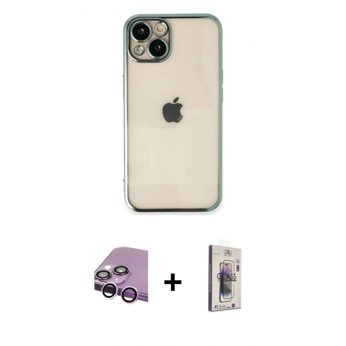 MARSİLYAN™- iPhone 14 Kılıf Vadi Minimal - Siyah Bilvis 3D Cam Ekran Koruyucu + Raze Metal Kamera Lens - MR