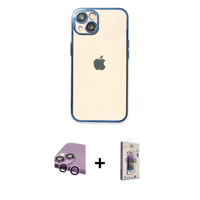MARSİLYAN™- iPhone 14 Kılıf Vadi Minimal - Siyah Bilvis 3D Cam Ekran Koruyucu + Raze Metal Kamera Lens - MR