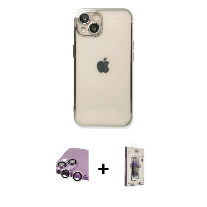MARSİLYAN™- iPhone 14 Kılıf Vadi Minimal - Siyah Bilvis 3D Cam Ekran Koruyucu + Raze Metal Kamera Lens - MR