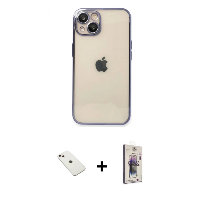 MARSİLYAN™- iPhone 14 Kılıf Vadi Minimal - Siyah Bilvis 3D Cam Ekran Koruyucu + Diamond Kamera Lens - PE