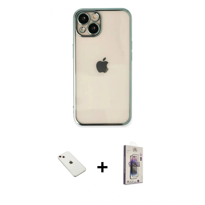 MARSİLYAN™- iPhone 14 Kılıf Vadi Minimal - Siyah Bilvis 3D Cam Ekran Koruyucu + Diamond Kamera Lens - PE