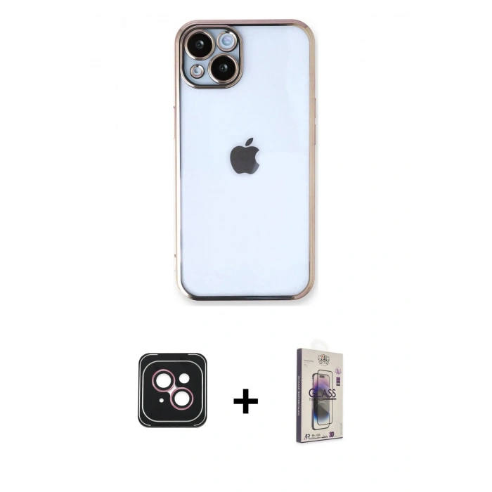 MARSİLYAN™- iPhone 14 Kılıf Vadi Minimal - Siyah Bilvis 3D Cam Ekran Koruyucu + PVD Metal Kamera Lens - PE