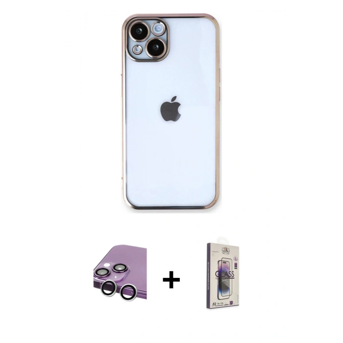 MARSİLYAN™- iPhone 14 Kılıf Vadi Minimal - Siyah Bilvis 3D Cam Ekran Koruyucu + Raze Metal Kamera Lens - GS