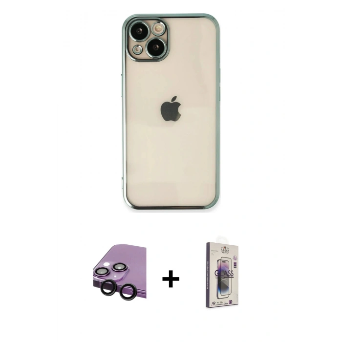 MARSİLYAN™- iPhone 14 Kılıf Vadi Minimal - Siyah Bilvis 3D Cam Ekran Koruyucu + Raze Metal Kamera Lens - SH