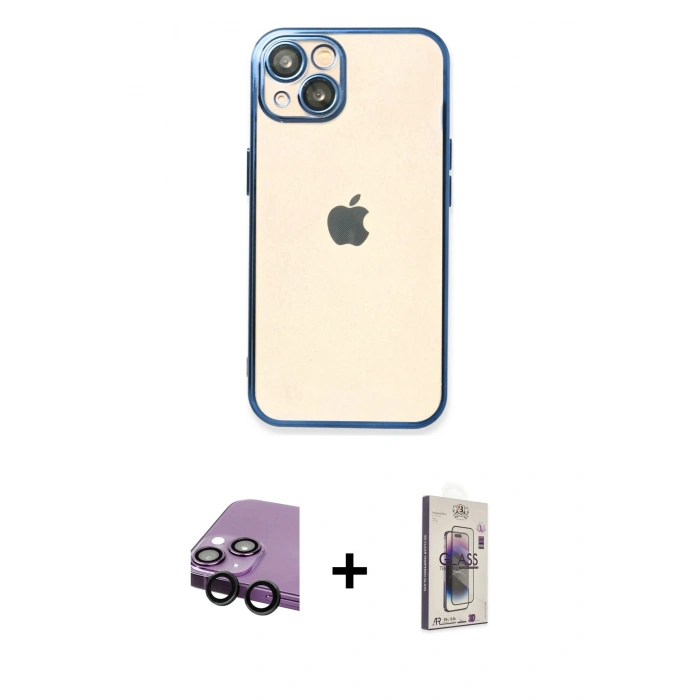 MARSİLYAN™- iPhone 14 Kılıf Vadi Minimal - Siyah Bilvis 3D Cam Ekran Koruyucu + Raze Metal Kamera Lens - SH