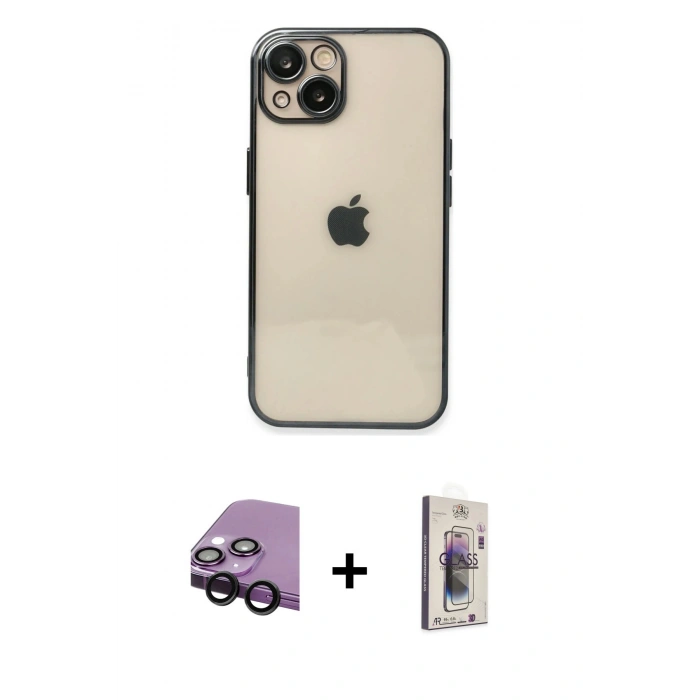 MARSİLYAN™- iPhone 14 Kılıf Vadi Minimal - Siyah Bilvis 3D Cam Ekran Koruyucu + Raze Metal Kamera Lens - SH