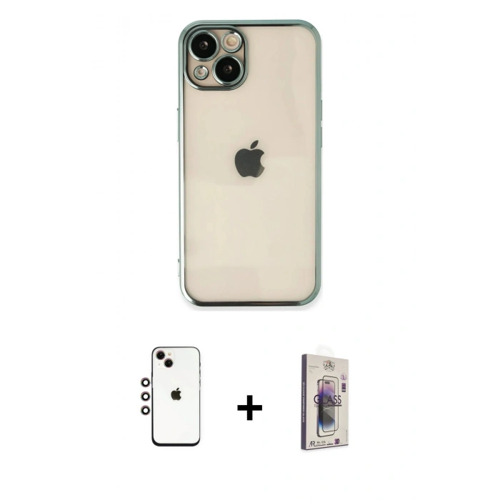 MARSİLYAN™- iPhone 14 Kılıf Vadi Minimal - Siyah Bilvis 3D Cam Ekran Koruyucu + Shine Kamera Lens - GI