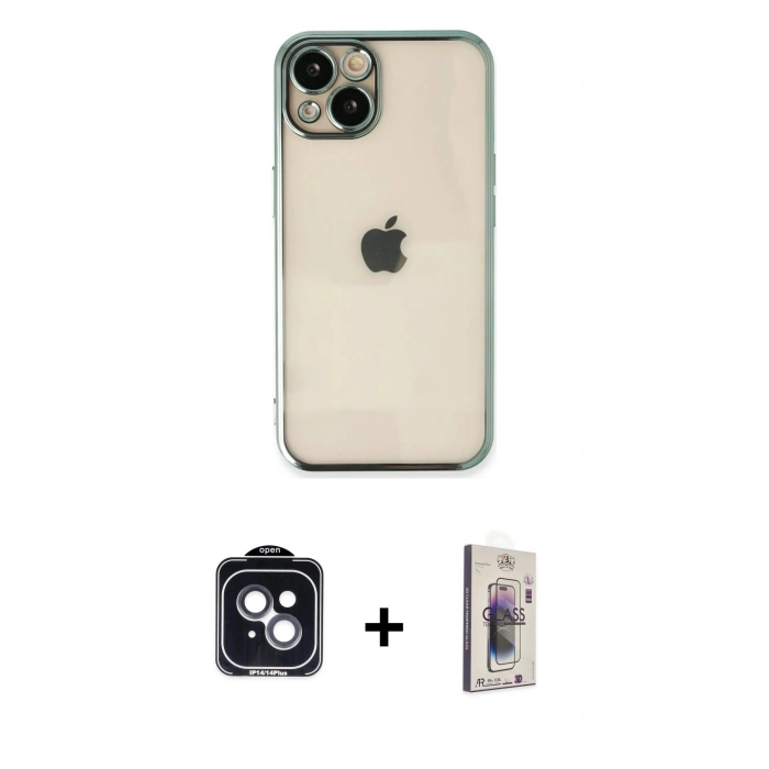 MARSİLYAN™- iPhone 14 Kılıf Vadi Minimal - Siyah Bilvis 3D Cam Ekran Koruyucu + PVD Metal Kamera Lens - SH
