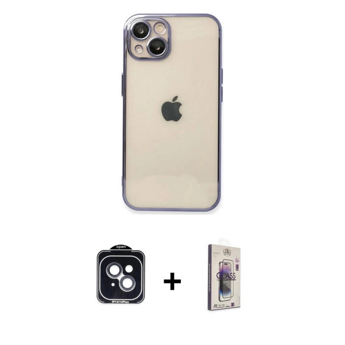 MARSİLYAN™- iPhone 14 Kılıf Vadi Minimal - Siyah Bilvis 3D Cam Ekran Koruyucu + PVD Metal Kamera Lens - SH