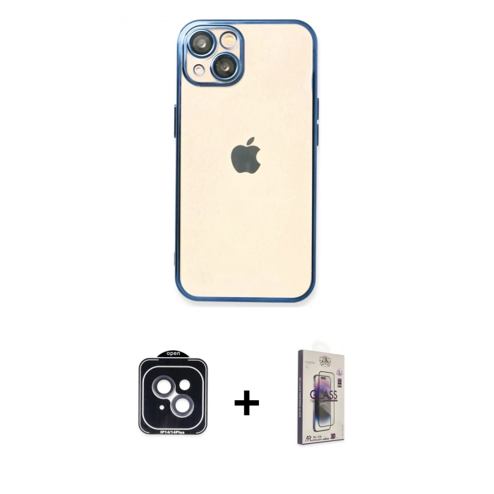 MARSİLYAN™- iPhone 14 Kılıf Vadi Minimal - Siyah Bilvis 3D Cam Ekran Koruyucu + PVD Metal Kamera Lens - SH