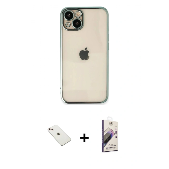 MARSİLYAN™- iPhone 14 Kılıf Vadi Minimal - Siyah Bilvis 3D Mat Cam Ekran Koruyucu + Diamond Kamera Lens - PE