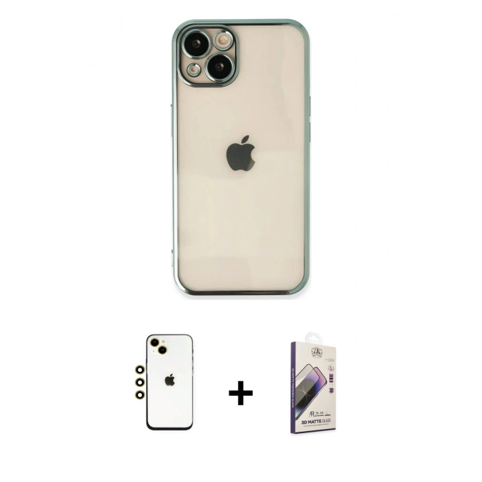 MARSİLYAN™- iPhone 14 Kılıf Vadi Minimal - Siyah Bilvis 3D Mat Cam Ekran Koruyucu + Shine Kamera Lens - GD