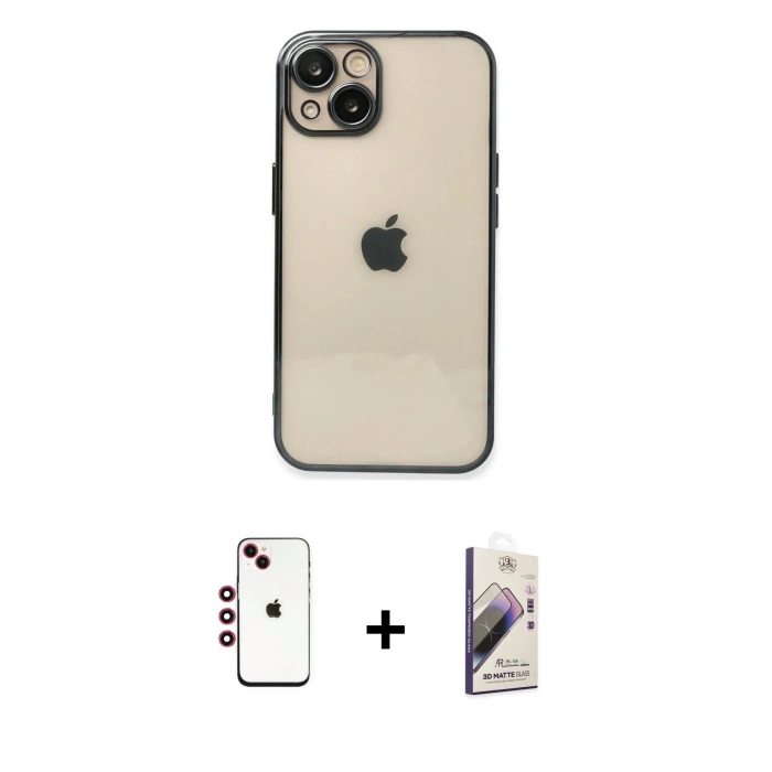 MARSİLYAN™- iPhone 14 Kılıf Vadi Minimal - Siyah Bilvis 3D Mat Cam Ekran Koruyucu + Shine Kamera Lens - KI