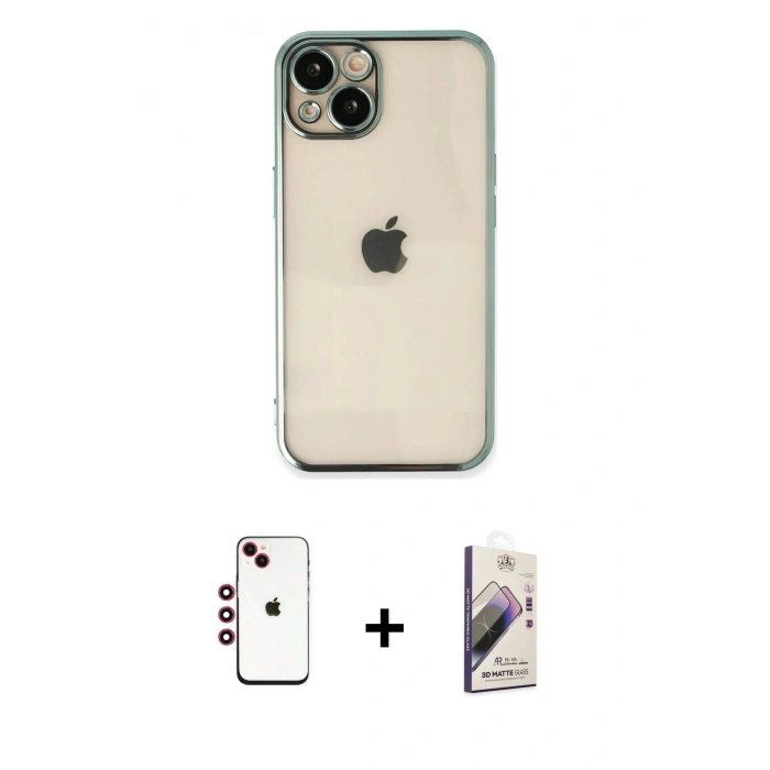 MARSİLYAN™- iPhone 14 Kılıf Vadi Minimal - Siyah Bilvis 3D Mat Cam Ekran Koruyucu + Shine Kamera Lens - KI