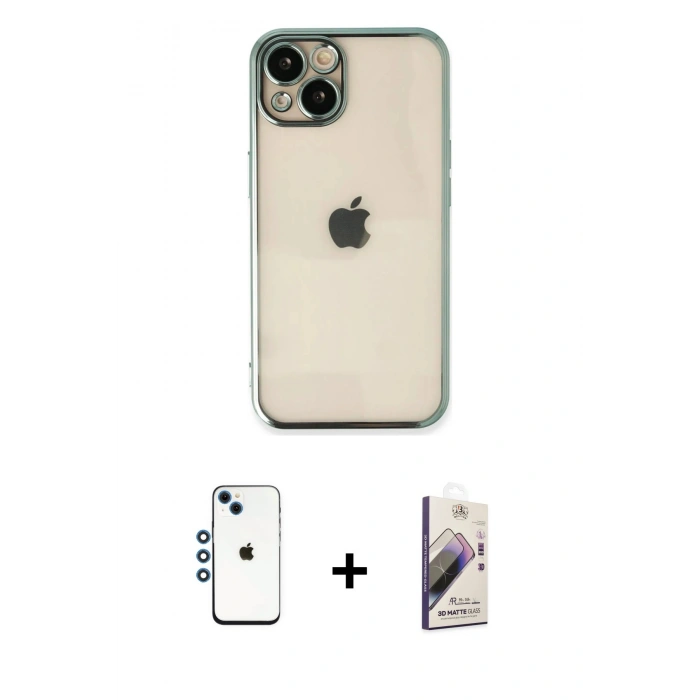 MARSİLYAN™- iPhone 14 Kılıf Vadi Minimal - Siyah Bilvis 3D Mat Cam Ekran Koruyucu + Shine Kamera Lens - MI