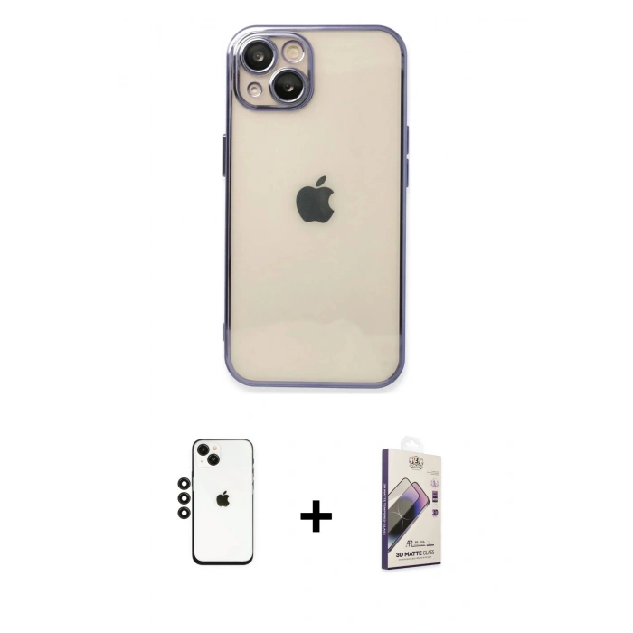 MARSİLYAN™- iPhone 14 Kılıf Vadi Minimal - Siyah Bilvis 3D Mat Cam Ekran Koruyucu + Siyah Shine Kamera Lens