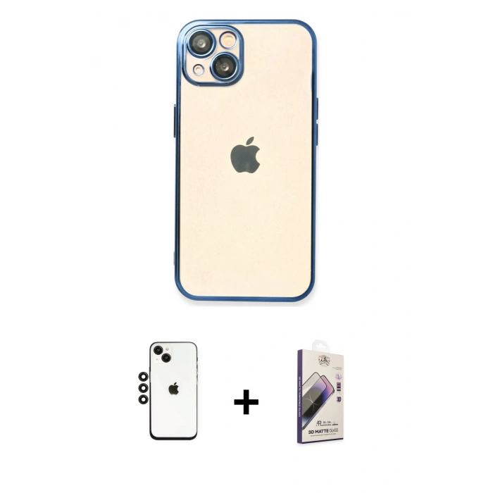 MARSİLYAN™- iPhone 14 Kılıf Vadi Minimal - Siyah Bilvis 3D Mat Cam Ekran Koruyucu + Siyah Shine Kamera Lens