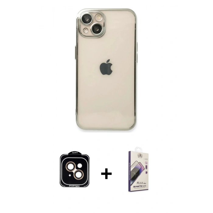 MARSİLYAN™- iPhone 14 Kılıf Vadi Minimal - Siyah Bilvis 3D Mat Cam Ekran Koruyucu + PVD Metal Kamera Lens - TU