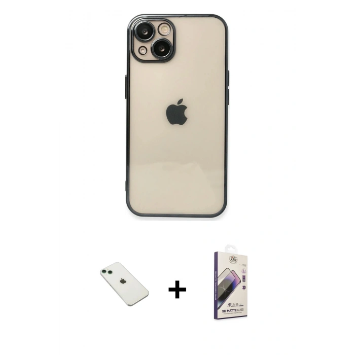 MARSİLYAN™- iPhone 14 Kılıf Vadi Minimal - Siyah Bilvis 3D Mat Cam Ekran Koruyucu + Diamond Kamera Lens - YL