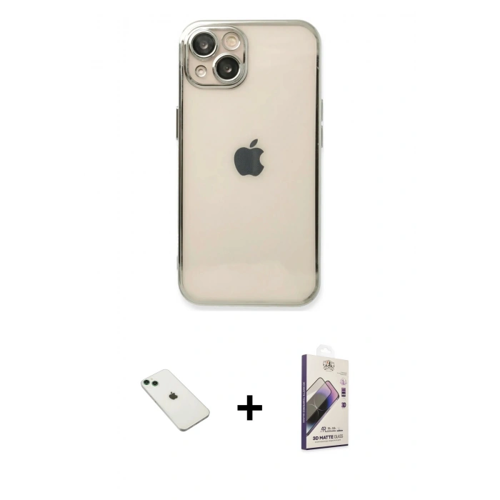 MARSİLYAN™- iPhone 14 Kılıf Vadi Minimal - Siyah Bilvis 3D Mat Cam Ekran Koruyucu + Diamond Kamera Lens - YL