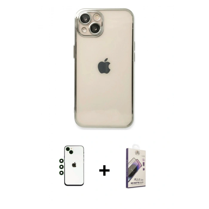 MARSİLYAN™- iPhone 14 Kılıf Vadi Minimal - Siyah Bilvis 3D Mat Cam Ekran Koruyucu + Shine Kamera Lens - YL