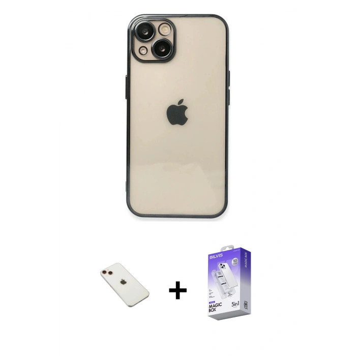 MARSİLYAN™- iPhone 14 Kılıf Vadi Minimal - Siyah Bilvis 5in1 3D Magic Cam Ekran Koruyucu + Diamond Kamera Lens - KI