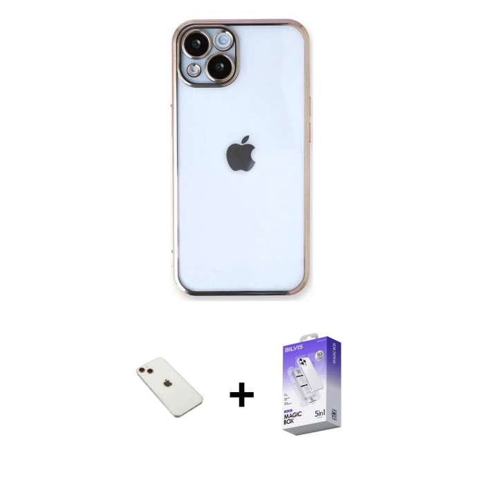 MARSİLYAN™- iPhone 14 Kılıf Vadi Minimal - Siyah Bilvis 5in1 3D Magic Cam Ekran Koruyucu + Diamond Kamera Lens - KI