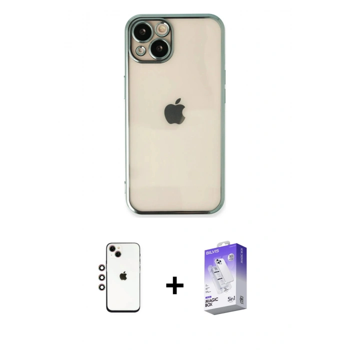 MARSİLYAN™- iPhone 14 Kılıf Vadi Minimal - Siyah Bilvis 5in1 3D Magic Cam Ekran Koruyucu + Shine Kamera Lens - GI