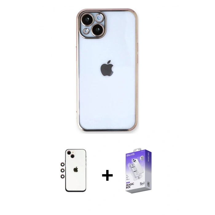 MARSİLYAN™- iPhone 14 Kılıf Vadi Minimal - Siyah Bilvis 5in1 3D Magic Cam Ekran Koruyucu + Shine Kamera Lens - GI