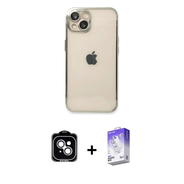 MARSİLYAN™- iPhone 14 Kılıf Vadi Minimal - Siyah Bilvis 5in1 3D Magic Cam Ekran Koruyucu + PVD Metal Kamera Lens - GS