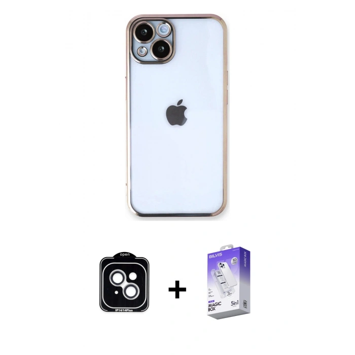 MARSİLYAN™- iPhone 14 Kılıf Vadi Minimal - Siyah Bilvis 5in1 3D Magic Cam Ekran Koruyucu + PVD Metal Kamera Lens - GS