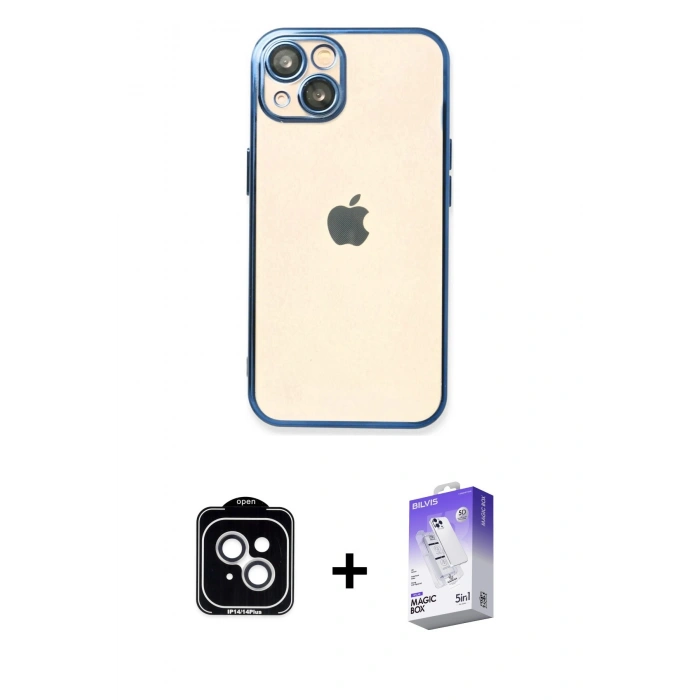 MARSİLYAN™- iPhone 14 Kılıf Vadi Minimal - Siyah Bilvis 5in1 3D Magic Cam Ekran Koruyucu + PVD Metal Kamera Lens - GS