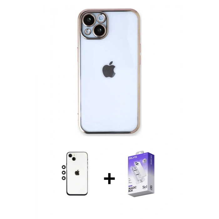 MARSİLYAN™- iPhone 14 Kılıf Vadi Minimal - Siyah Bilvis 5in1 3D Magic Cam Ekran Koruyucu + Gümüş Shine Kamera Lens
