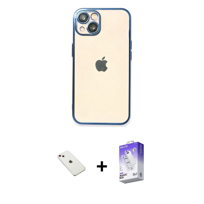 MARSİLYAN™- iPhone 14 Kılıf Vadi Minimal - Siyah Bilvis 5in1 3D Magic Cam Ekran Koruyucu + Pembe Diamond Kamera Lens
