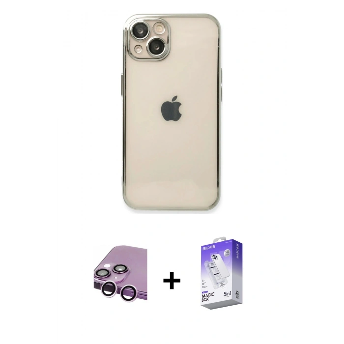 MARSİLYAN™- iPhone 14 Kılıf Vadi Minimal - Siyah Bilvis 5in1 3D Magic Cam Ekran Koruyucu + Raze Metal Kamera Lens - MR