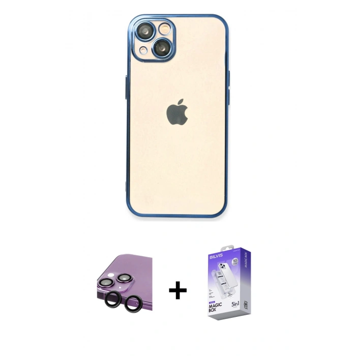 MARSİLYAN™- iPhone 14 Kılıf Vadi Minimal - Siyah Bilvis 5in1 3D Magic Cam Ekran Koruyucu + Raze Metal Kamera Lens - SH