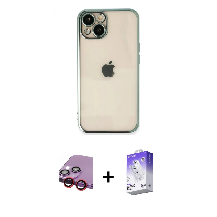 MARSİLYAN™- iPhone 14 Kılıf Vadi Minimal - Siyah Bilvis 5in1 3D Magic Cam Ekran Koruyucu + Raze Metal Kamera Lens - KI