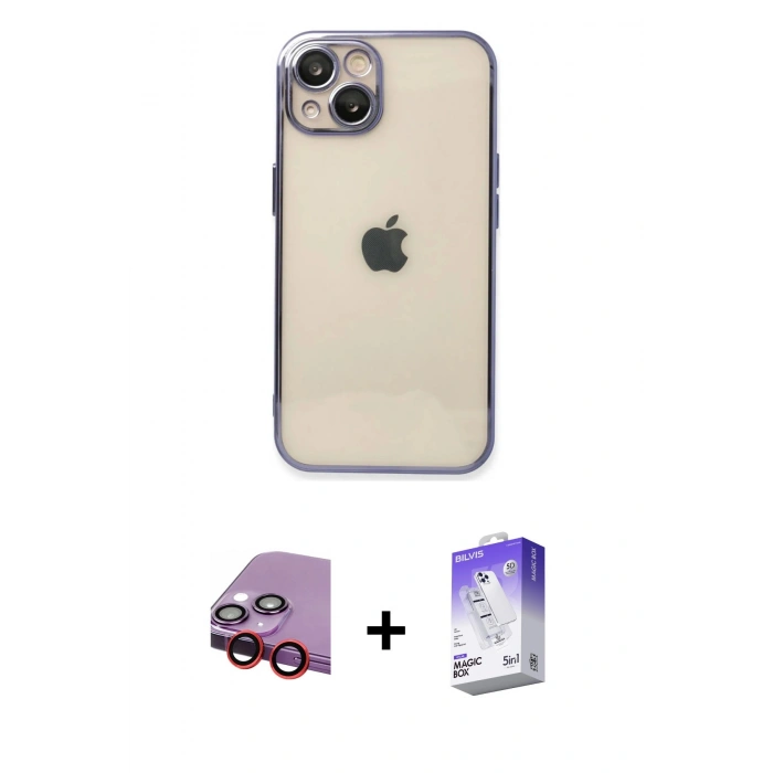MARSİLYAN™- iPhone 14 Kılıf Vadi Minimal - Siyah Bilvis 5in1 3D Magic Cam Ekran Koruyucu + Raze Metal Kamera Lens - KI