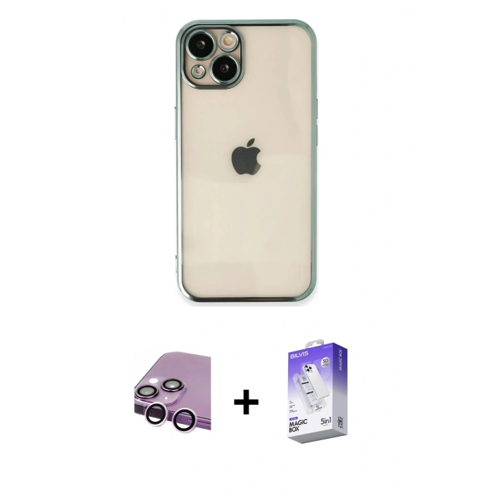 MARSİLYAN™- iPhone 14 Kılıf Vadi Minimal - Siyah Bilvis 5in1 3D Magic Cam Ekran Koruyucu + Raze Metal Kamera Lens - MR