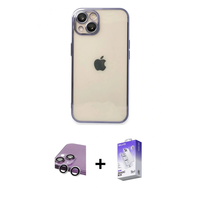 MARSİLYAN™- iPhone 14 Kılıf Vadi Minimal - Siyah Bilvis 5in1 3D Magic Cam Ekran Koruyucu + Raze Metal Kamera Lens - GS