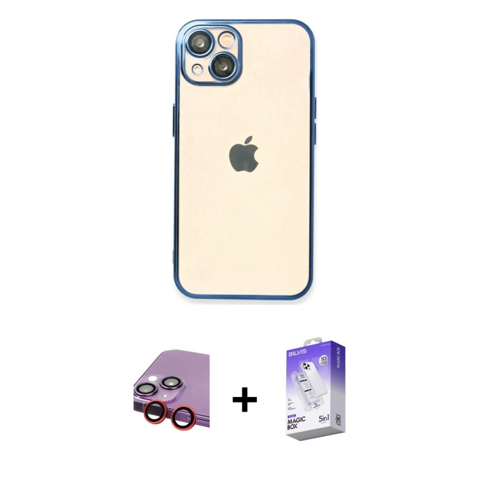 MARSİLYAN™- iPhone 14 Kılıf Vadi Minimal - Siyah Bilvis 5in1 3D Magic Cam Ekran Koruyucu + Raze Metal Kamera Lens - KI