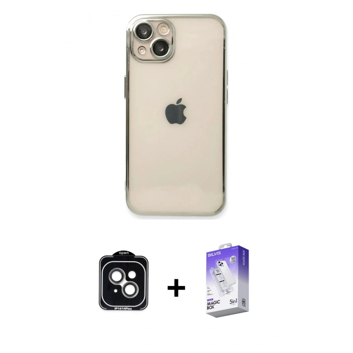 MARSİLYAN™- iPhone 14 Kılıf Vadi Minimal - Siyah Bilvis 5in1 3D Magic Cam Ekran Koruyucu + PVD Metal Kamera Lens - YL