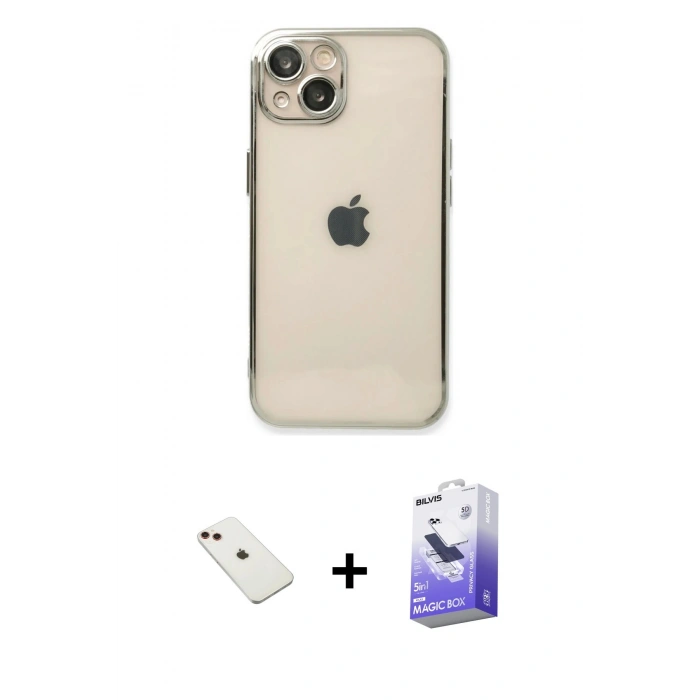 MARSİLYAN™- iPhone 14 Kılıf Vadi Minimal - Siyah Bilvis 5in1 5D Magic Hayalet Cam Ekran Koruyucu + Diamond Kamera Lens - KI