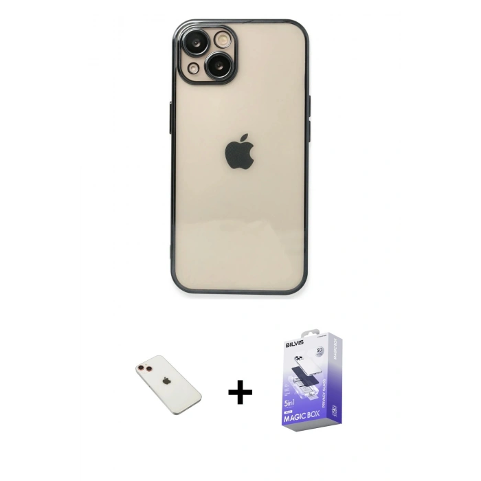 MARSİLYAN™- iPhone 14 Kılıf Vadi Minimal - Siyah Bilvis 5in1 5D Magic Hayalet Cam Ekran Koruyucu + Diamond Kamera Lens - KI
