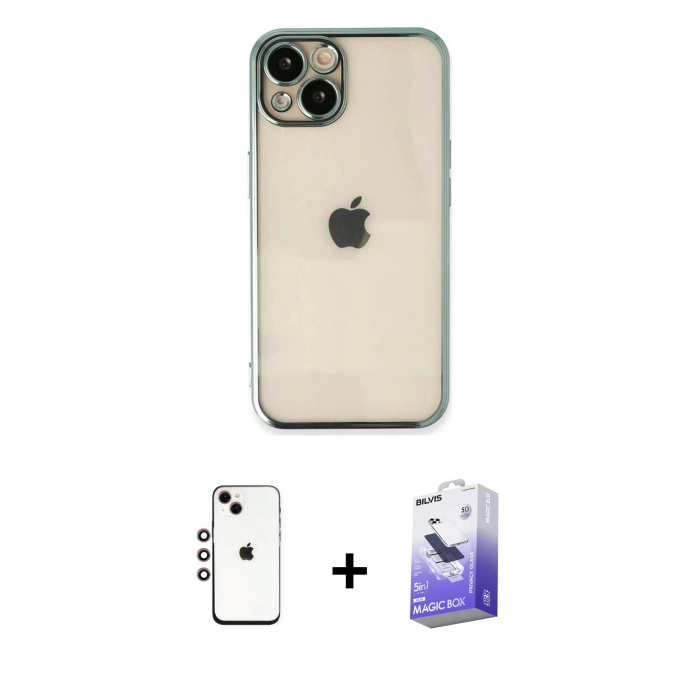 MARSİLYAN™- iPhone 14 Kılıf Vadi Minimal - Siyah Bilvis 5in1 5D Magic Hayalet Cam Ekran Koruyucu + Shine Kamera Lens - GI