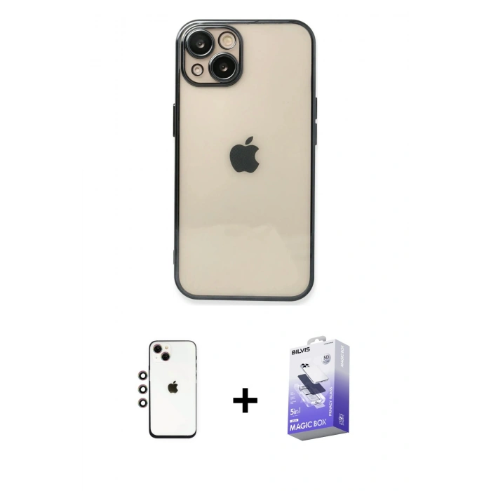 MARSİLYAN™- iPhone 14 Kılıf Vadi Minimal - Siyah Bilvis 5in1 5D Magic Hayalet Cam Ekran Koruyucu + Shine Kamera Lens - GI