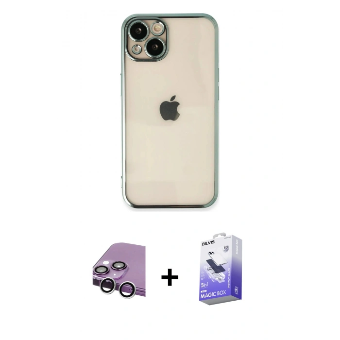 MARSİLYAN™- iPhone 14 Kılıf Vadi Minimal - Siyah Bilvis 5in1 5D Magic Hayalet Cam Ekran Koruyucu + Gümüş Raze Metal Kamera Lens