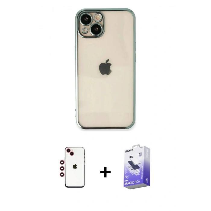 MARSİLYAN™- iPhone 14 Kılıf Vadi Minimal - Siyah Bilvis 5in1 5D Magic Hayalet Cam Ekran Koruyucu + Kırmızı Shine Kamera Lens