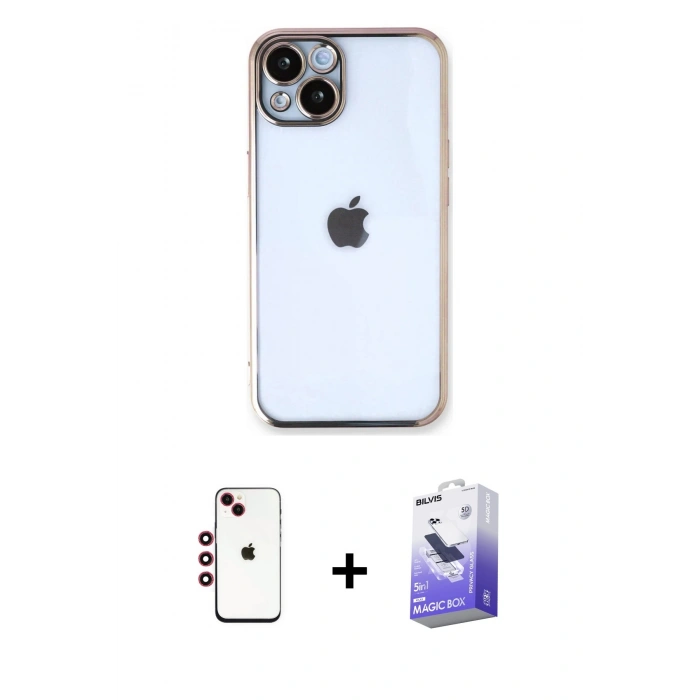 MARSİLYAN™- iPhone 14 Kılıf Vadi Minimal - Siyah Bilvis 5in1 5D Magic Hayalet Cam Ekran Koruyucu + Kırmızı Shine Kamera Lens